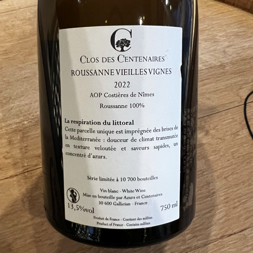 ル・クロ・デ・サントネール ルーサンヌ2022 /Le Clos des Centenaires Roussanne 20223