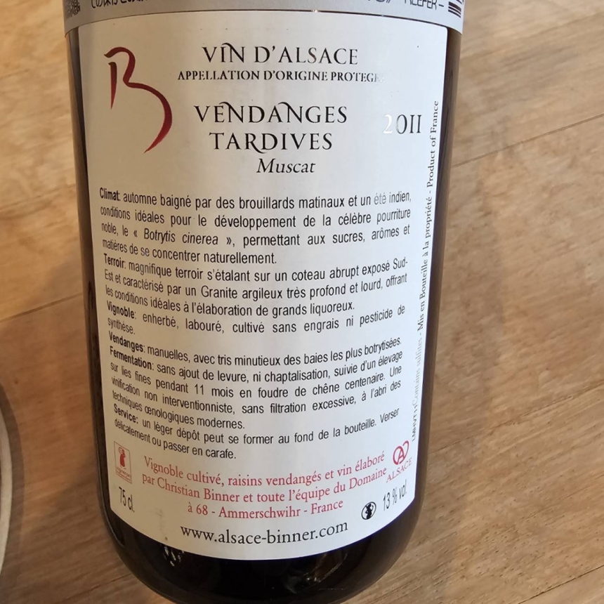 クリチャンビネール ミュスカ　ヴァンダンジュタルティヴ 2011 / Christian Binner Muscat Vendanges Tartives 20113